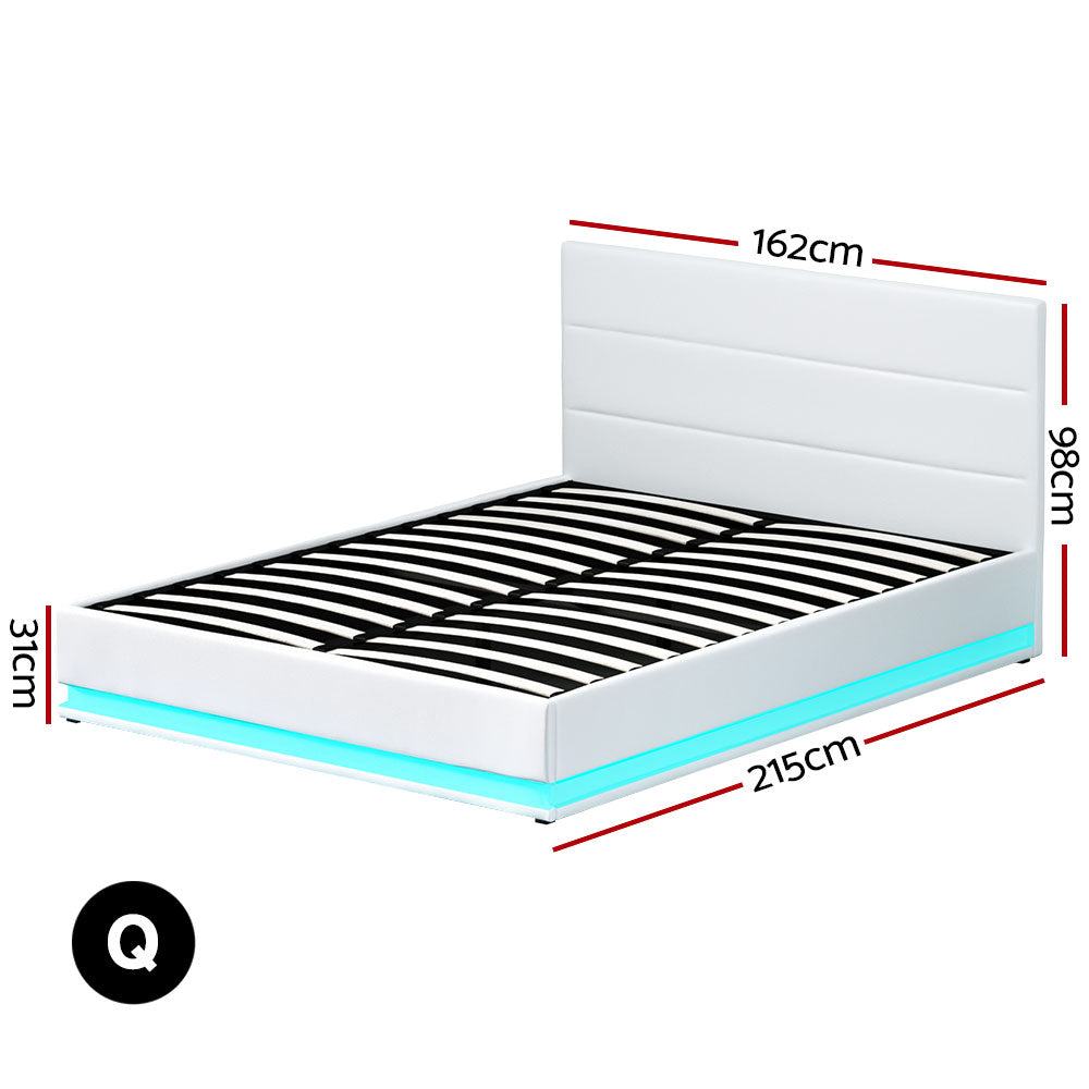 Artiss Lumi LED Gas Lift Bed Frame Queen White PVC Leather