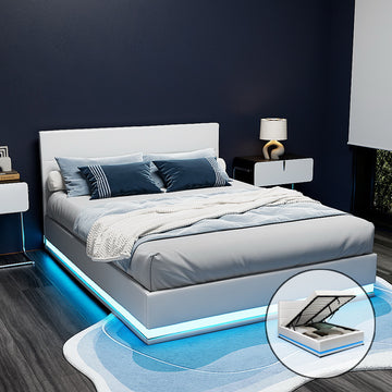 Artiss Lumi LED Gas Lift Bed Frame Queen White PVC Leather