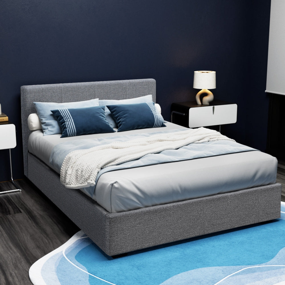 Artiss Gas Lift Double Bed Frame Grey Faux Linen 300kg