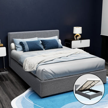 Artiss Gas Lift Double Bed Frame Grey Faux Linen 300kg