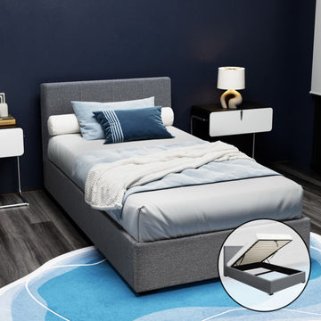 Artiss Nino Gas Lift King Single Bed Frame Grey Faux Linen