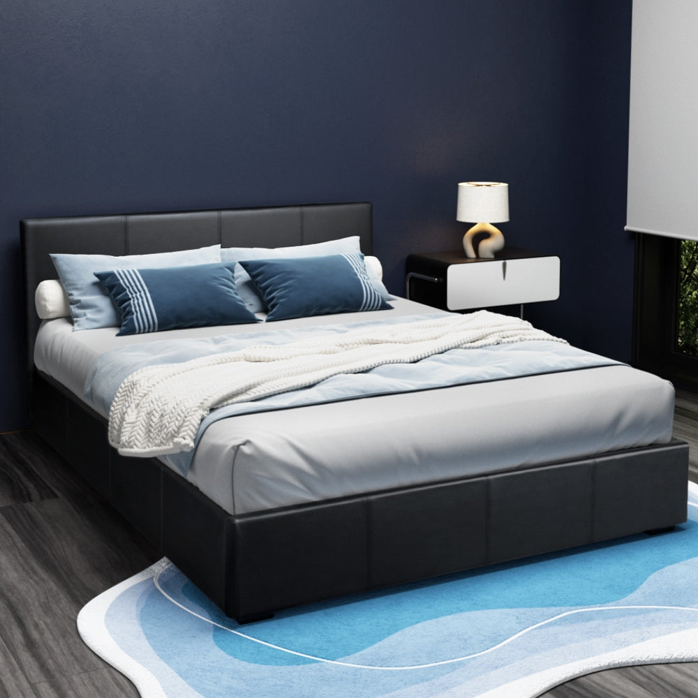 Artiss Gas Lift Queen Bed Frame Black PU Leather 300kg