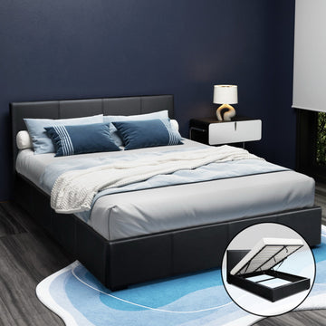 Artiss Gas Lift Queen Bed Frame Black PU Leather 300kg