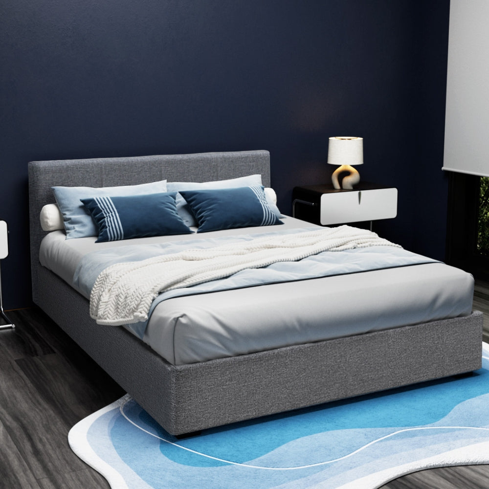 Artiss Gas Lift Queen Bed Frame Grey Faux Linen 300kg