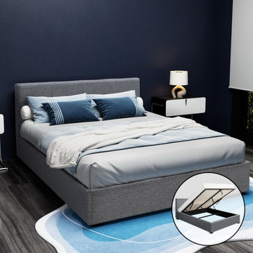 Artiss Gas Lift Queen Bed Frame Grey Faux Linen 300kg