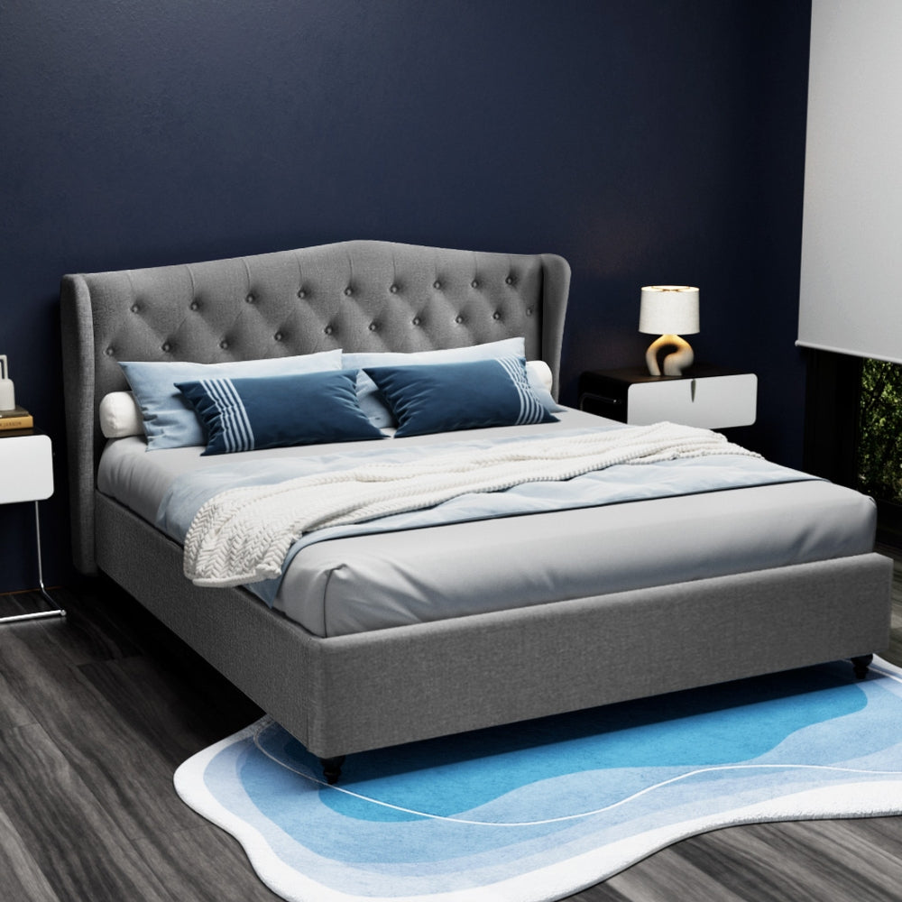 Artiss Upholstered Bed Frame King Size with Tufted Wing Headboard Grey