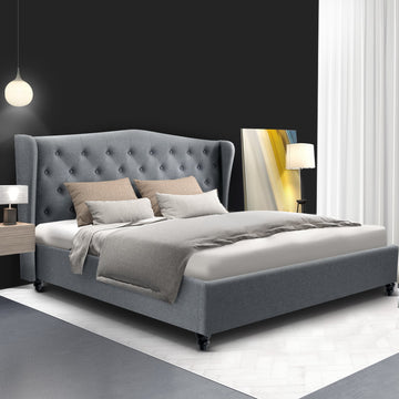 Artiss Upholstered Bed Frame King Size with Tufted Wing Headboard Grey