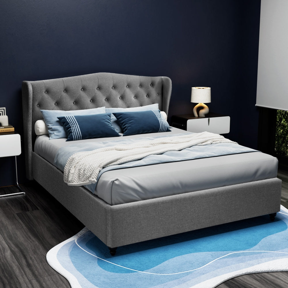 Artiss Upholstered Bed Frame Queen Size with Tufted Wing Headboard Grey