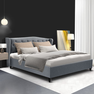 Artiss Upholstered Bed Frame Queen Size with Tufted Wing Headboard Grey