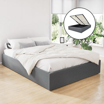 Artiss Gas Lift Double Bed Frame Grey Linen 300kg