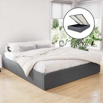 Artiss Gas Lift King Bed Frame Grey Linen 300kg