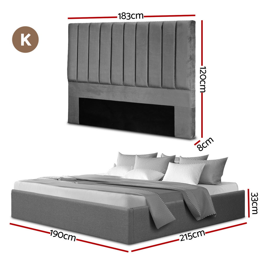 Artiss Gas Lift King Bed Frame with Velvet Headboard Grey 300kg