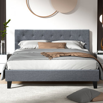 Artiss Vanke Upholstered Bed Frame Queen Grey Faux Linen