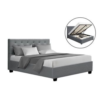 Artiss Vila Gas Lift Storage Bed Frame Double Grey Faux Linen