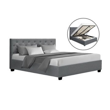 Artiss Gas Lift Bed Frame Queen Size with Hidden Storage Grey Faux Linen