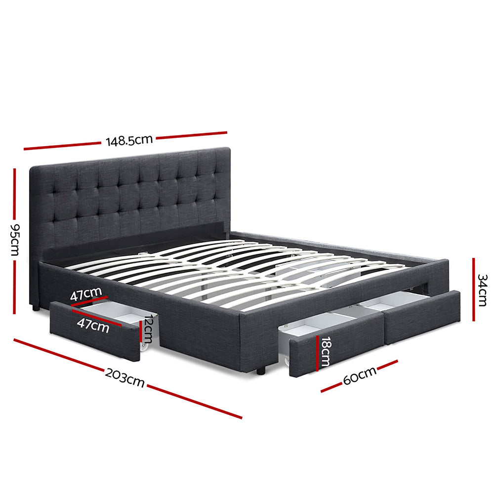 Artiss Double Bed Frame Grey Faux Linen 4 Drawers Tufted Headboard 300kg