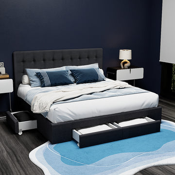 Artiss Double Bed Frame Grey Faux Linen 4 Drawers Tufted Headboard 300kg