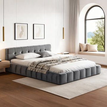 Artiss Velvet Platform Bed Frame Double Size with Plush Headboard Grey