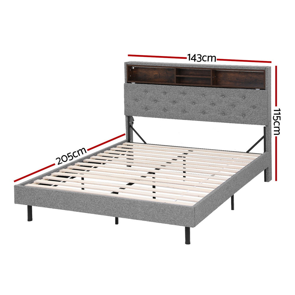 Artiss RGB LED Bed Frame with Storage Headboard Double Grey