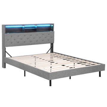 Artiss RGB LED Bed Frame with Storage Headboard Queen Grey