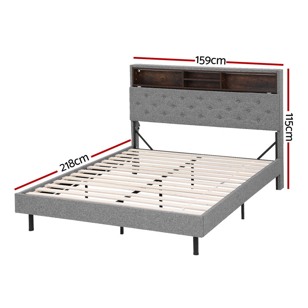 Artiss RGB LED Bed Frame with Storage Headboard Queen Grey