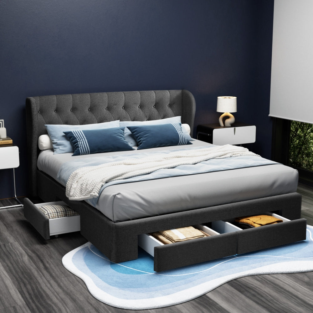 Artiss Mila Bed Frame King Size with 4 Drawers Charcoal