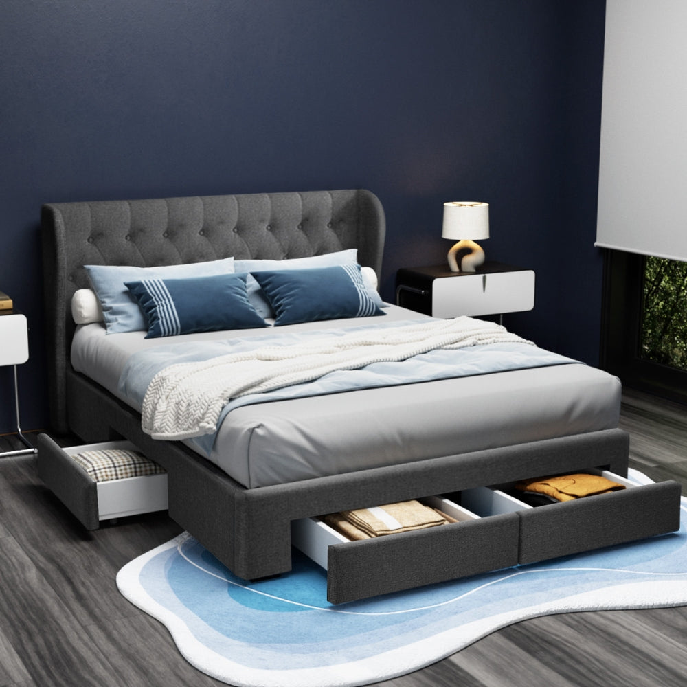Artiss Mila Queen Bed Frame with 4 Drawers Charcoal