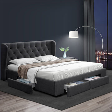 Artiss Mila Queen Bed Frame with 4 Drawers Charcoal