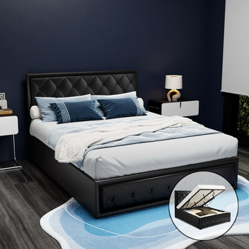 Artiss Gas Lift Bed Frame Double Black PVC Leather