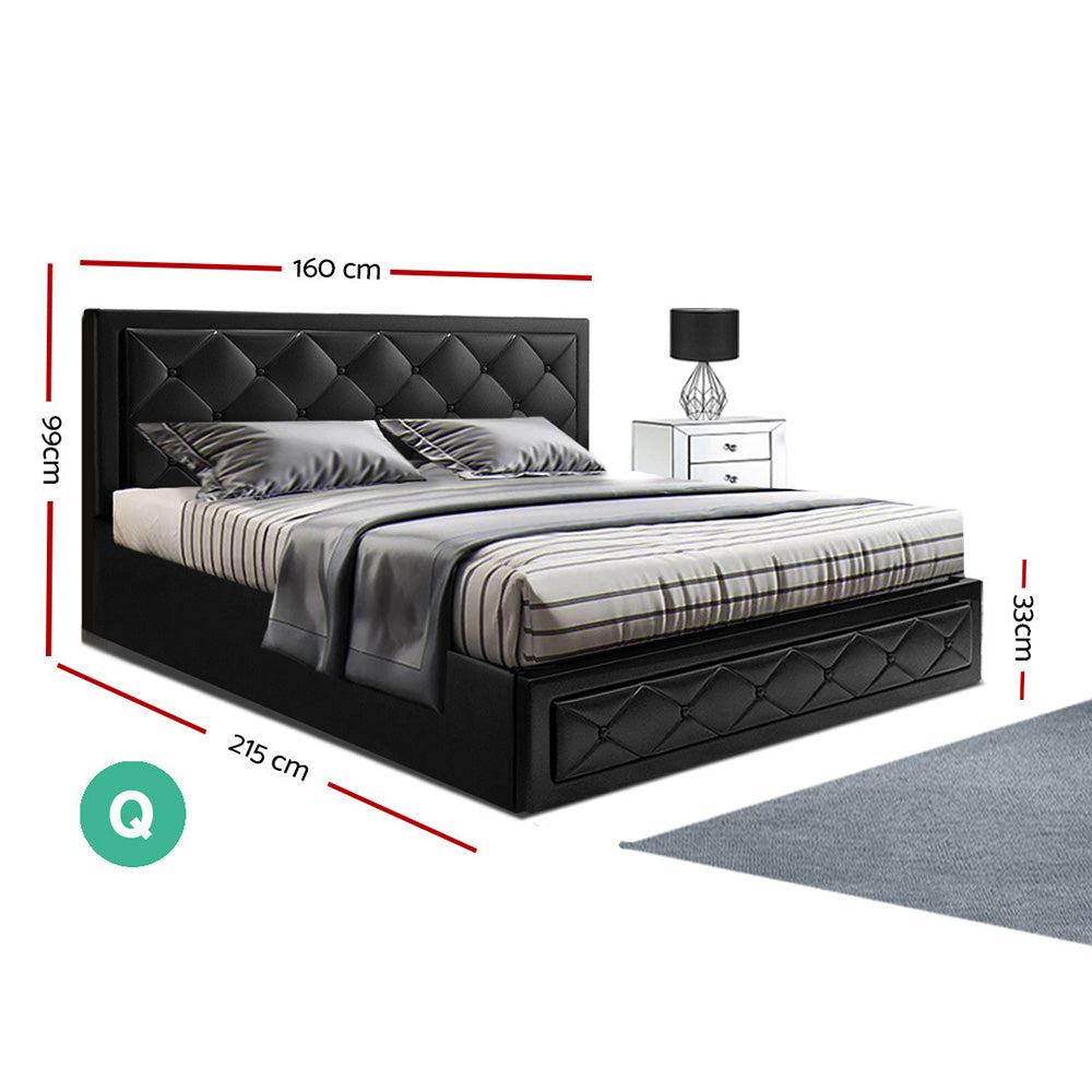Artiss Gas Lift Bed Frame Queen Black PVC Leather