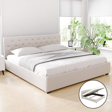 Artiss Gas Lift King Bed Frame Beige Linen 300kg