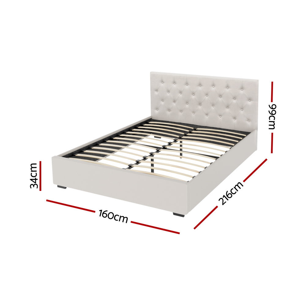 Artiss Gas Lift Queen Bed Frame Beige Linen 300kg