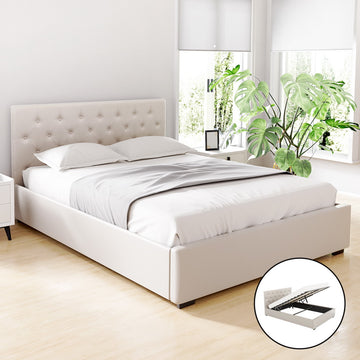 Artiss Gas Lift Queen Bed Frame Beige Linen 300kg
