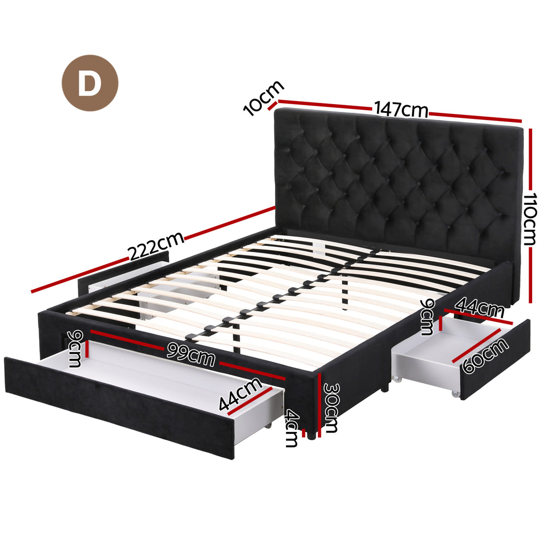 Artiss Luna Double Bed Frame 3 Storage Drawers Charging Station Black