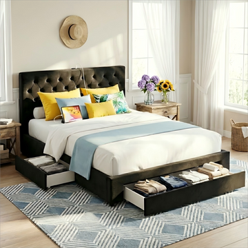 Artiss Luna Double Bed Frame 3 Storage Drawers Charging Station Black