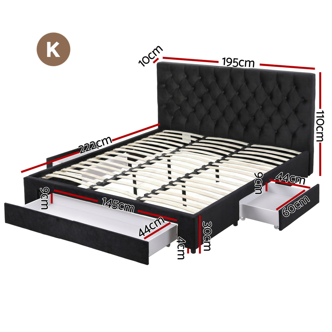 Artiss Luna King Bed Frame 3 Storage Drawers Charging Station Black