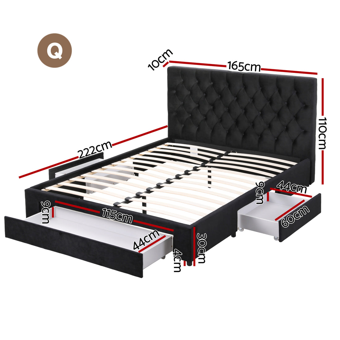 Artiss Luna Queen Bed Frame 3 Storage Drawers Charging Station Black