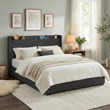 Artiss Gas Lift King Bed Frame with Charging Ports Charcoal Grey