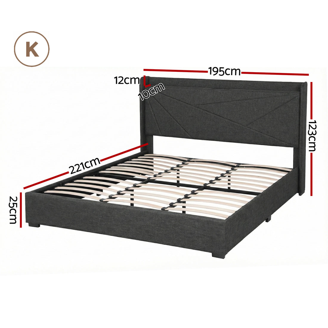 Artiss Gas Lift King Bed Frame with Charging Ports Charcoal Grey