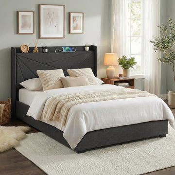 Artiss Gas Lift Queen Bed Frame with Charging Ports Charcoal Grey