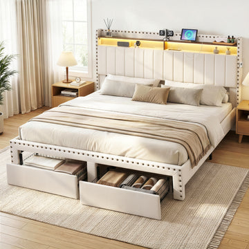 Artiss King Upholstered Bed Frame with Shelf Storage Drawers and Charging Station Linen