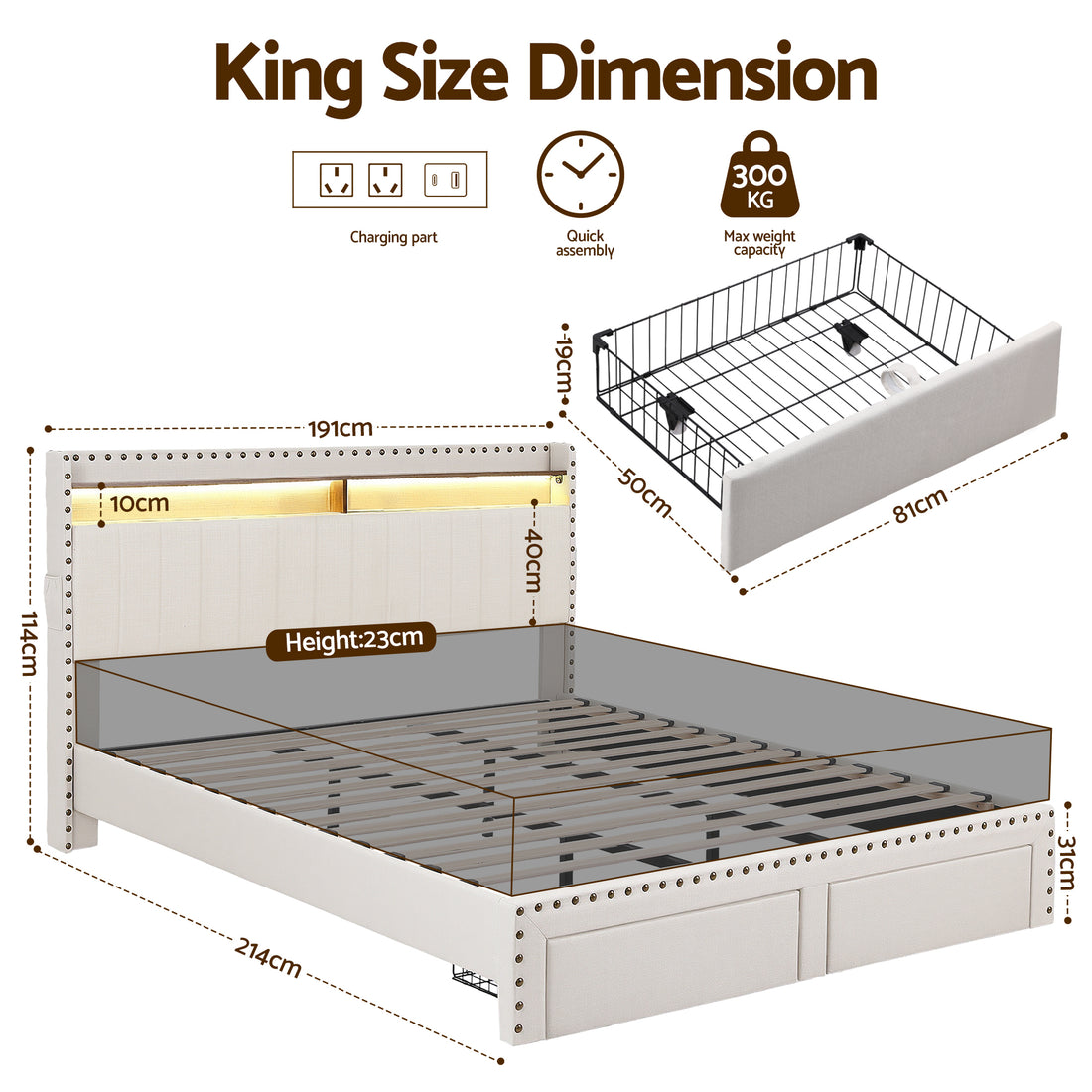 Artiss King Upholstered Bed Frame with Shelf Storage Drawers and Charging Station Linen