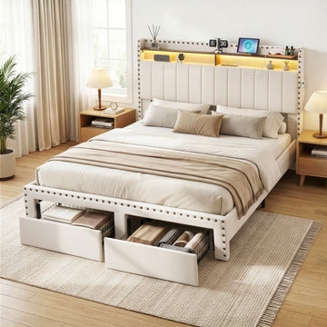 Artiss Upholstered Queen Bed Frame Shelf Storage Drawers Mood Lighting Linen
