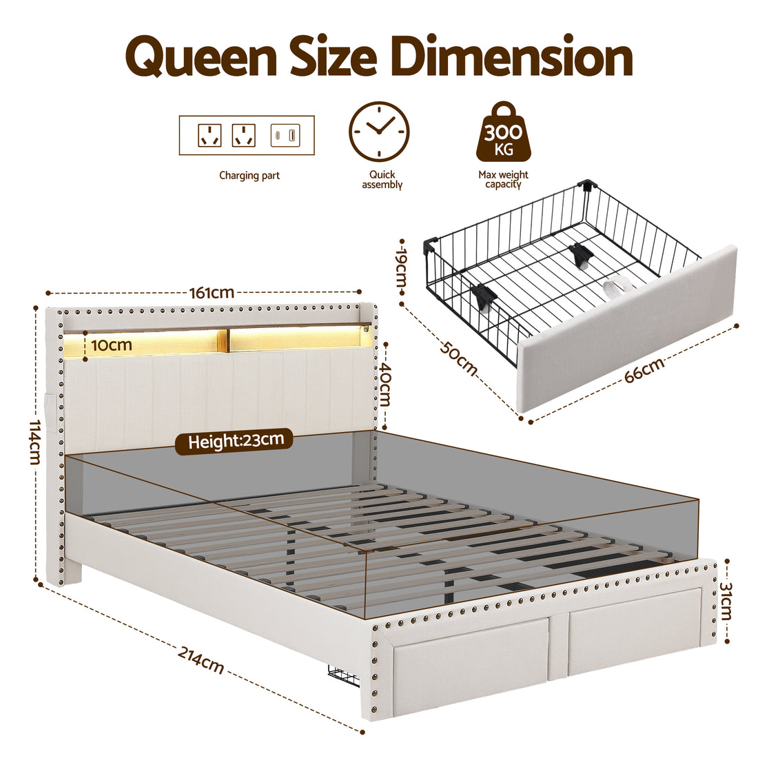 Artiss Upholstered Queen Bed Frame Shelf Storage Drawers Mood Lighting Linen