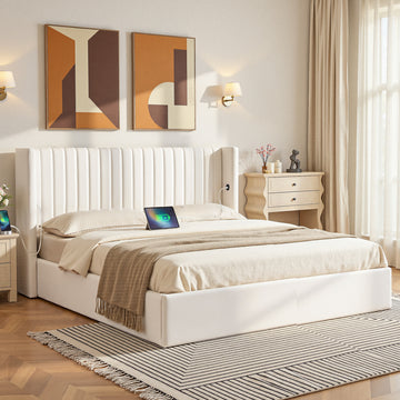 Artiss King Bed Frame Gas Lift Storage Velvet White USB