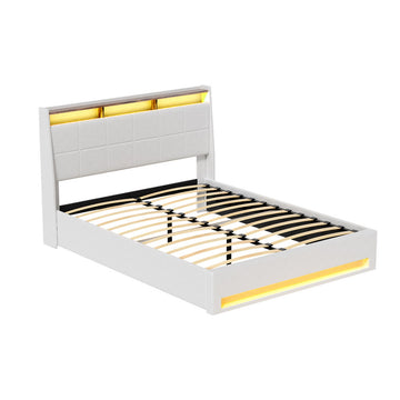Artiss LED Gas Lift Bed Frame Double White PVC Leather