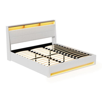 Artiss LED Gas Lift Bed Frame King White PVC Leather