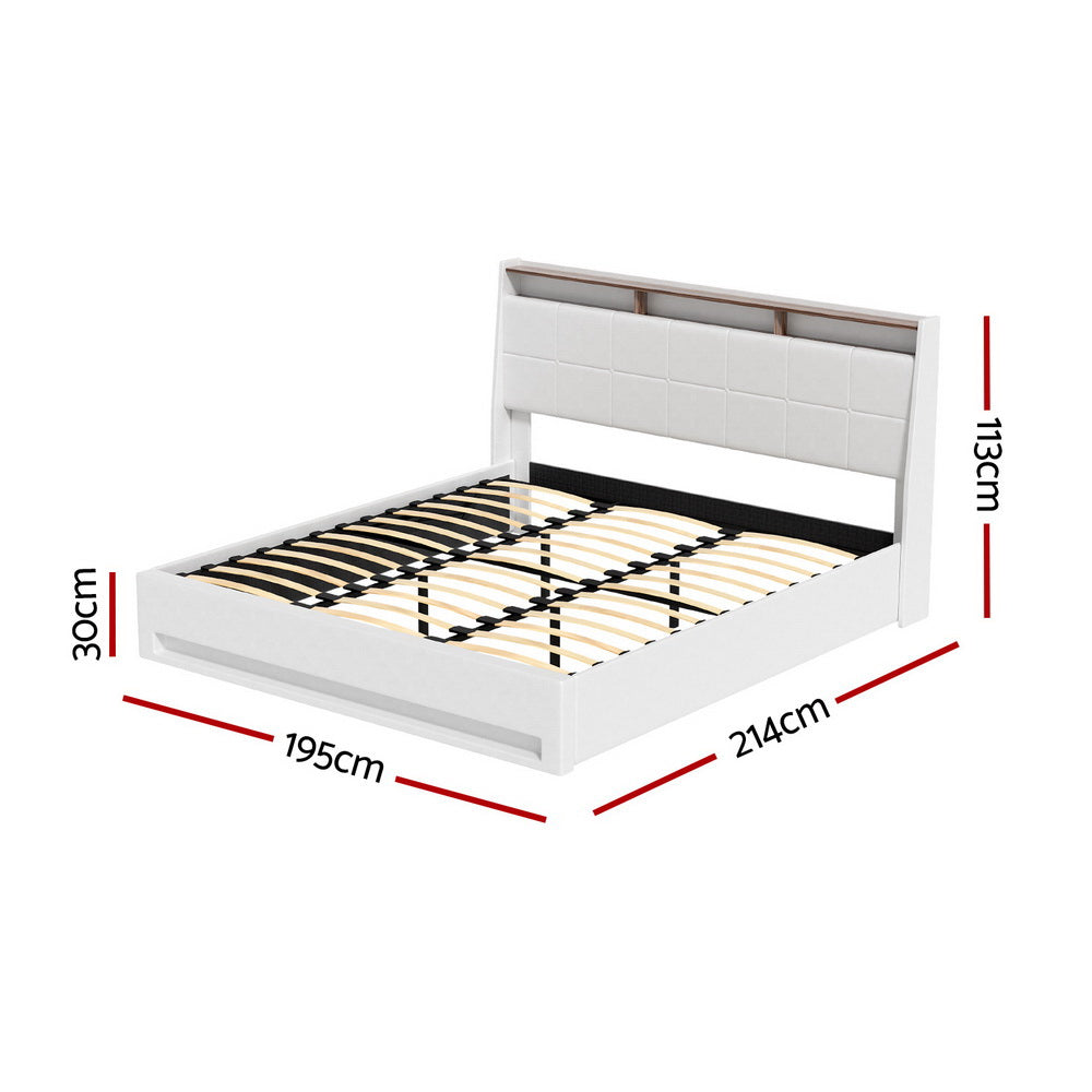 Artiss LED Gas Lift Bed Frame King White PVC Leather