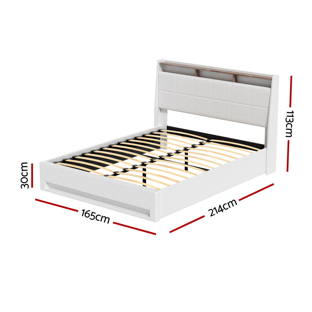 Artiss LED Gas Lift Bed Frame White PVC Leather Queen