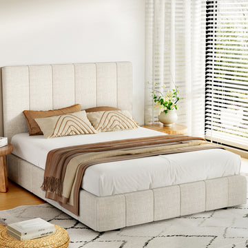 Artiss Gas Lift Bed Frame Double Size Linen Upholstered Beige